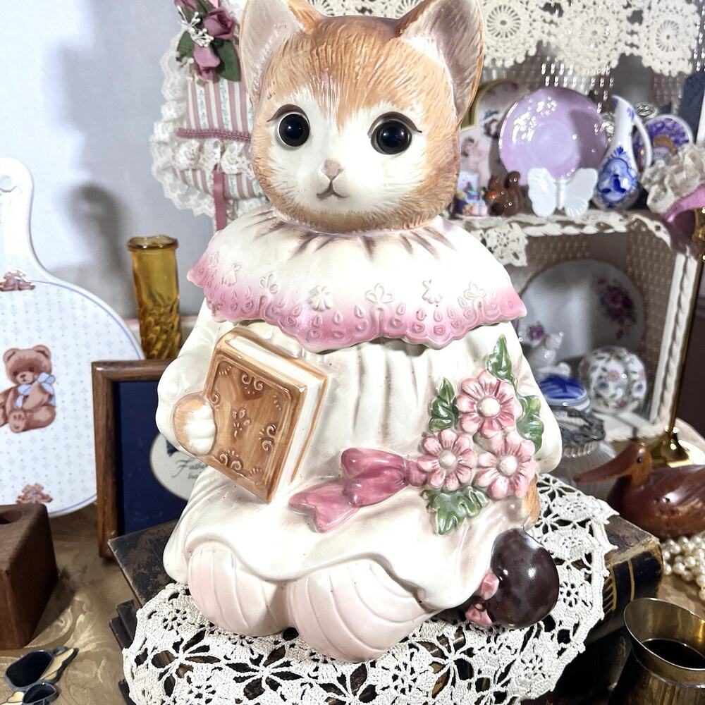 Vintage Japan Emily the Cat Cookie Jar Holding Book and Flowers Ceramic 1980s